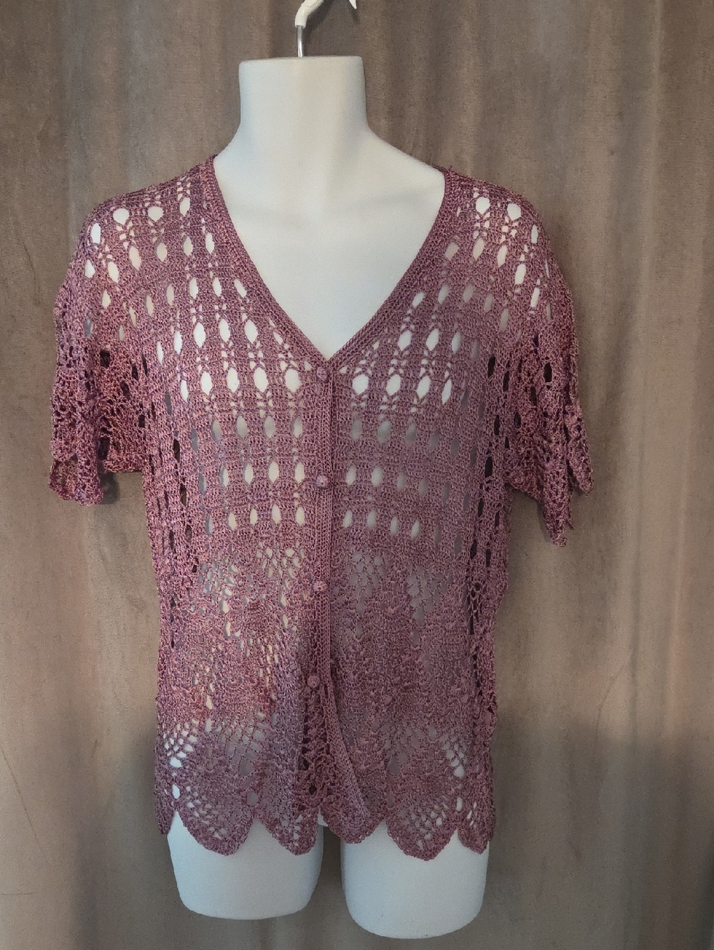 XL Crochet V-Neck Short Sleeve Button Down Top - Dusty Rose